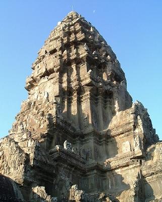 One of Angkor Wat's majestic towers, closer up, with the moon still in the sky