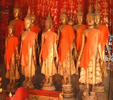 Some standing Buddhas (apparently quite an unusual sight), at Wat Xieng Thong--one of Luang Prabang's most famous temples.